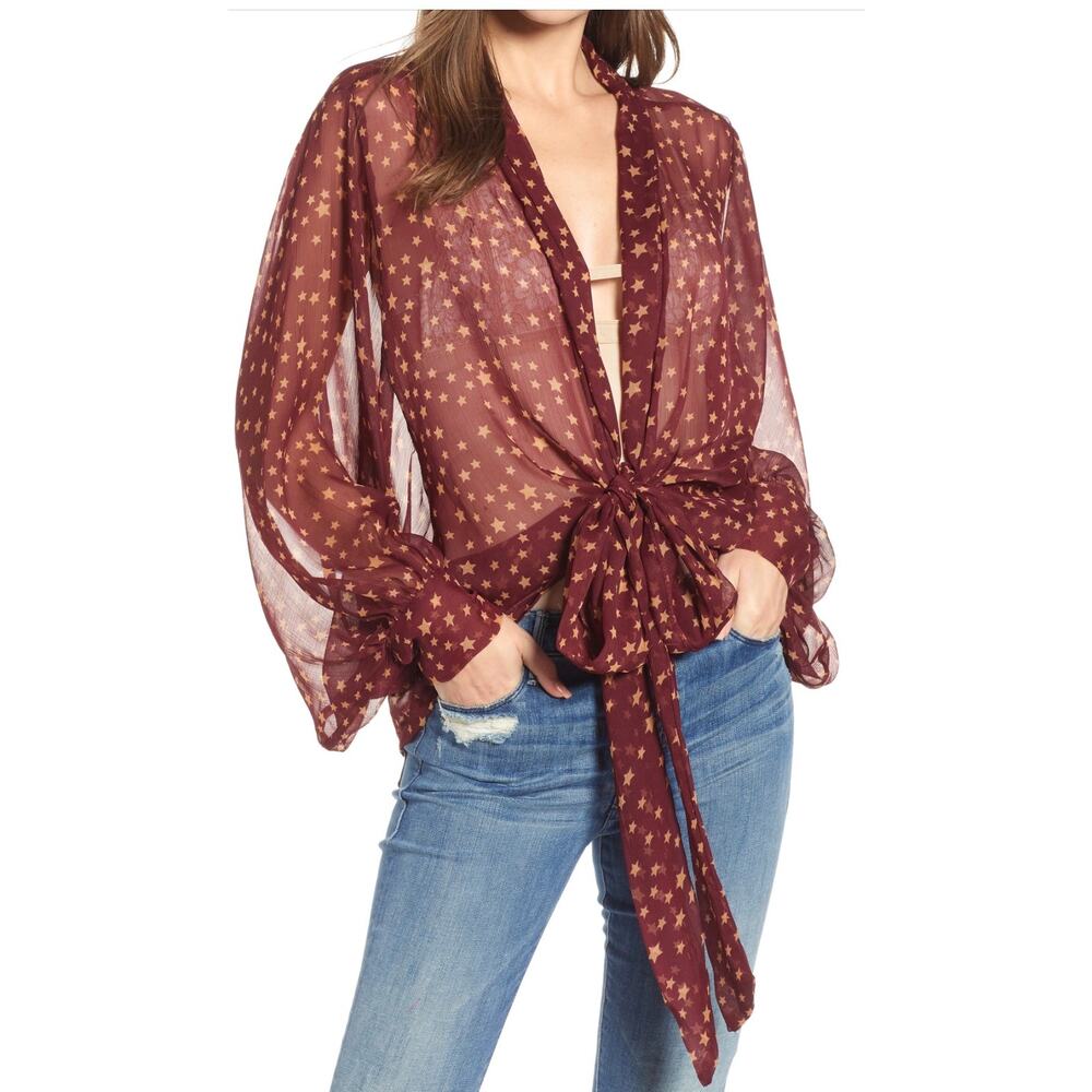 Free People Star Dazed Tie Front Kimono Burgundy Sheer Celestial OS Boho Flowy